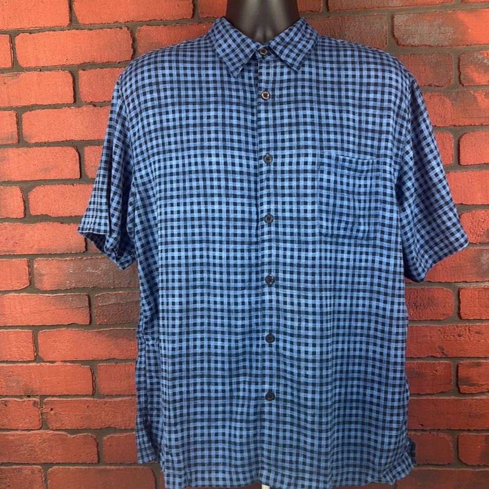 Linea Rosso‎ Men's Large Blue Checkered Silk Blend Short Sleeve Button Down